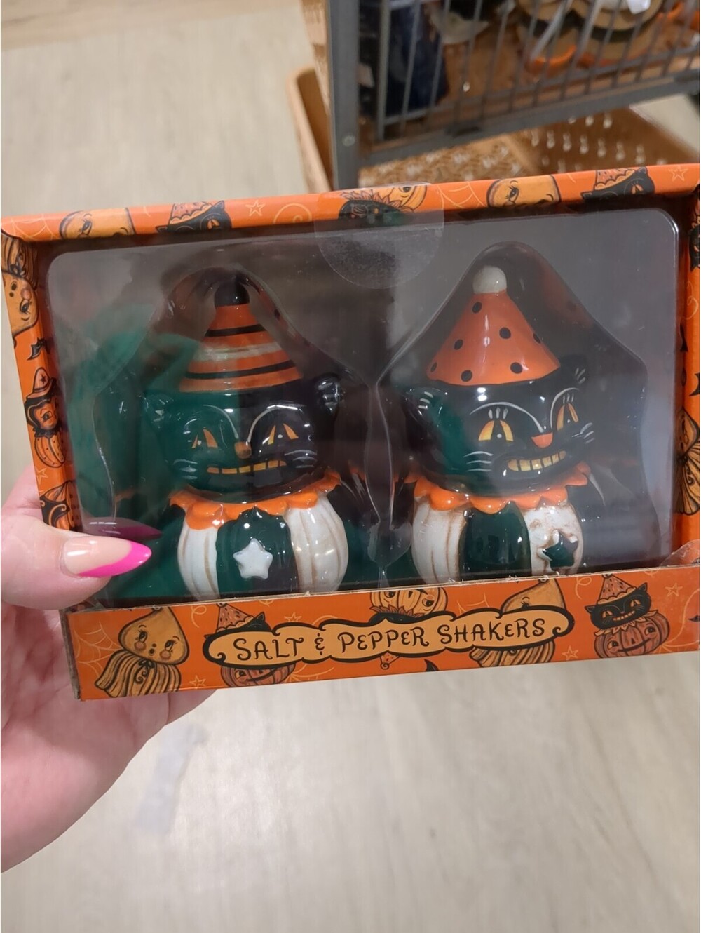 Johanna Parker Black Cats on Pumpkin Mr & Mrs Salt & Pepper Shaker Set NEW